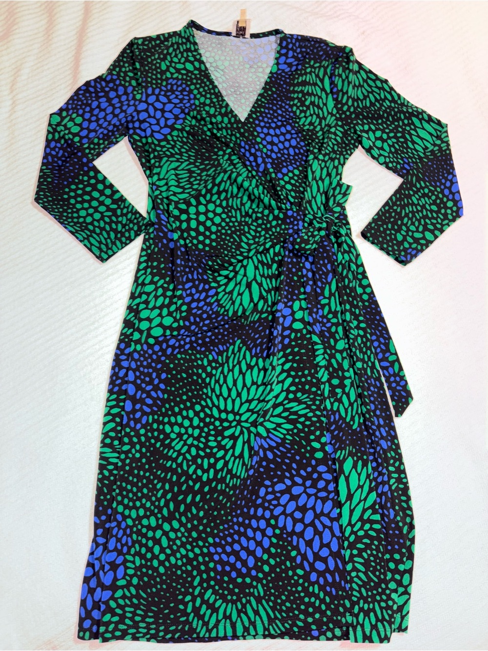 Anne Klein Vivid Blue, Green, & Black Printed Faux Wrap Long Sleeve Mini Dress